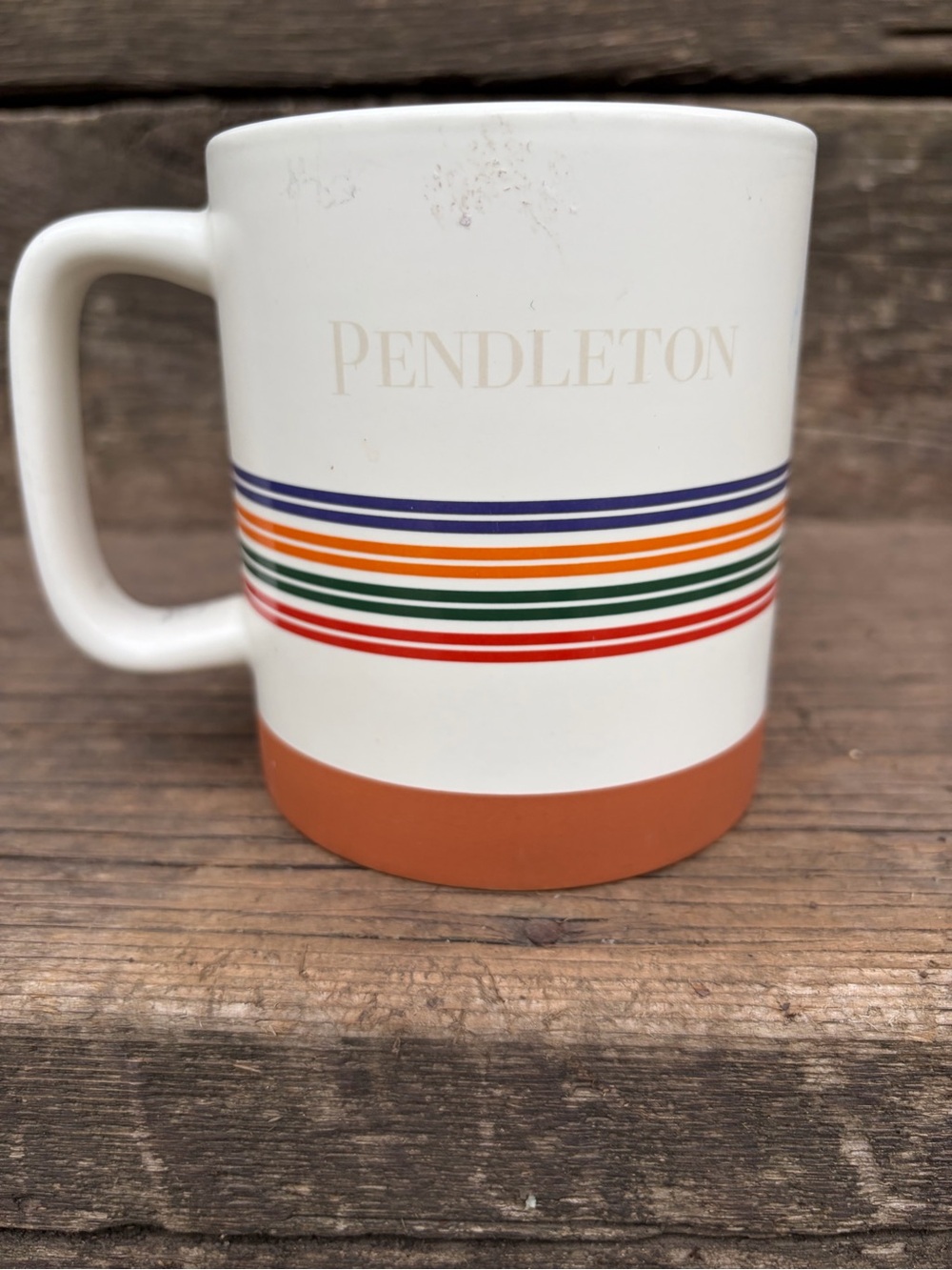 Pendleton White Mug with Multicolor Stripe and Terracotta Band